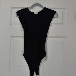 Altar'd State Black Ribbed Flutter Sleeve Bodysuit